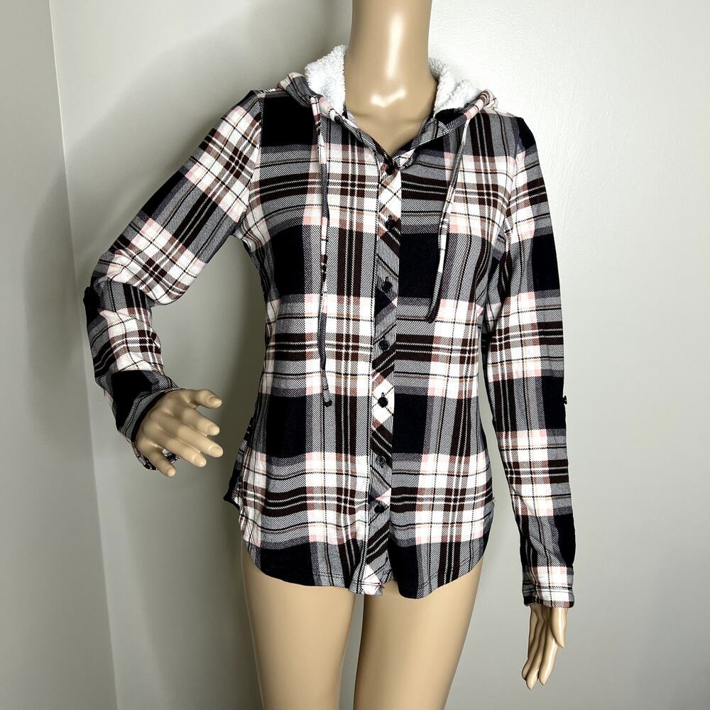 No Comment Black Pink Plaid Hooded Button Down Top